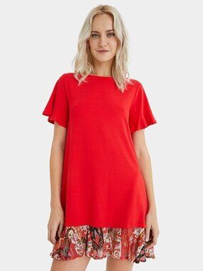 DESIGUAL KALI DRESS mini ruffle red SMALL knit casual short sleeve sundress